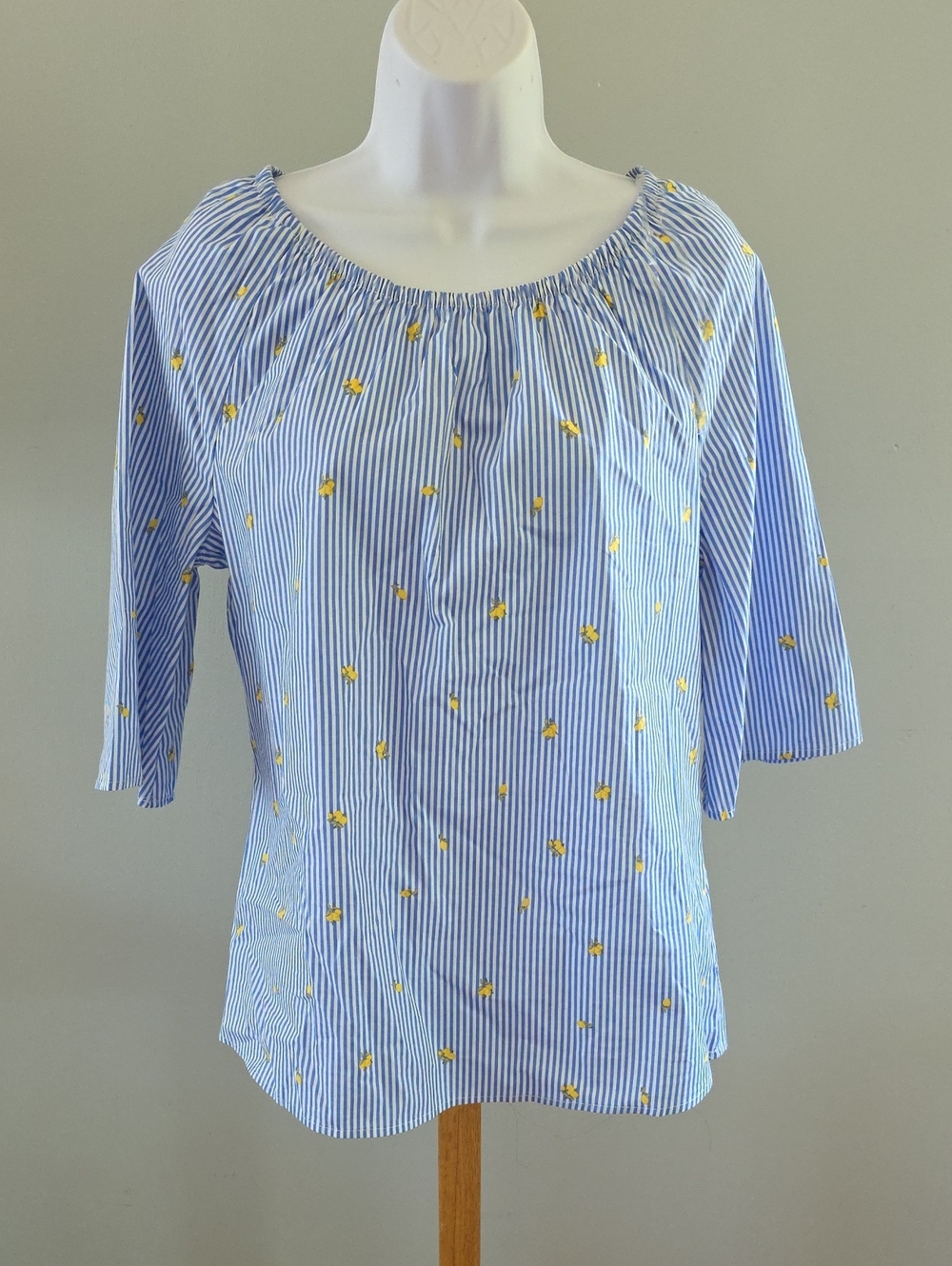 Como Vinrage Striped Blue Peasant Blouse with Yellow Embroidery - Medium